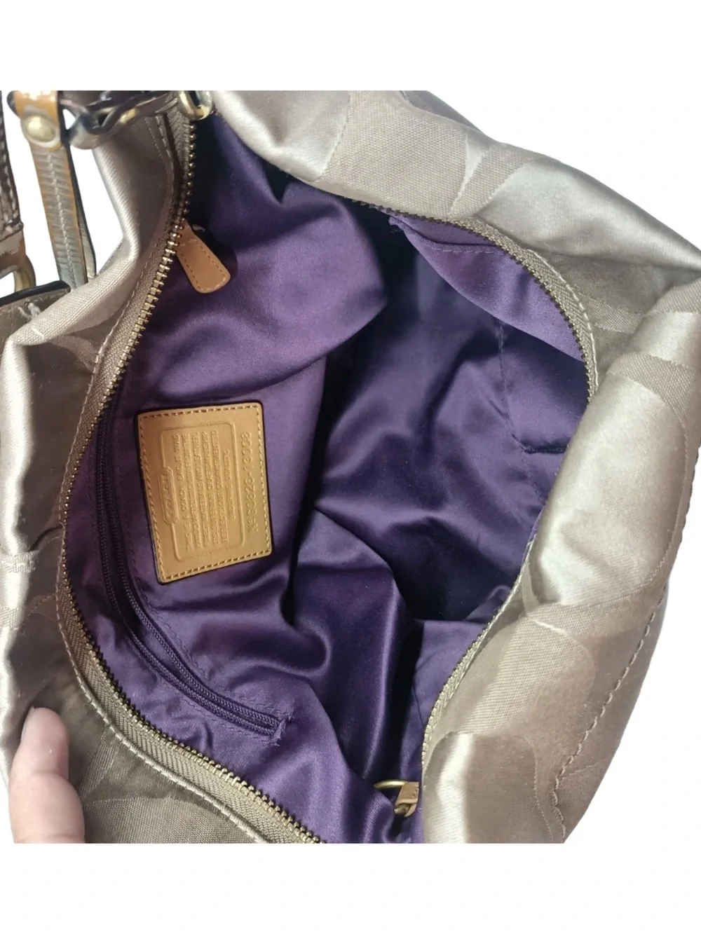 Coach Carly Signature metallic Canvas Shoulder Bag in tan/brown